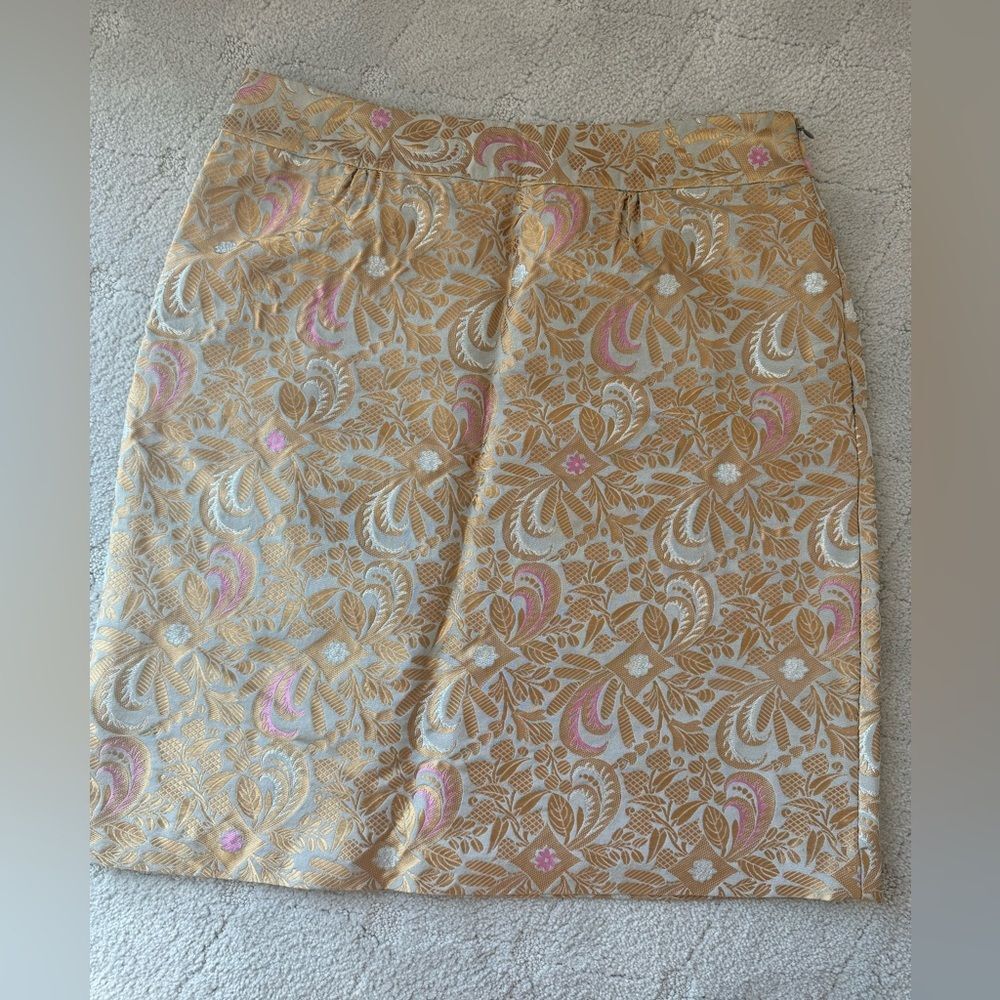 Anthropologie elevenses Jacquard silver and gold pencil skirt sz 10